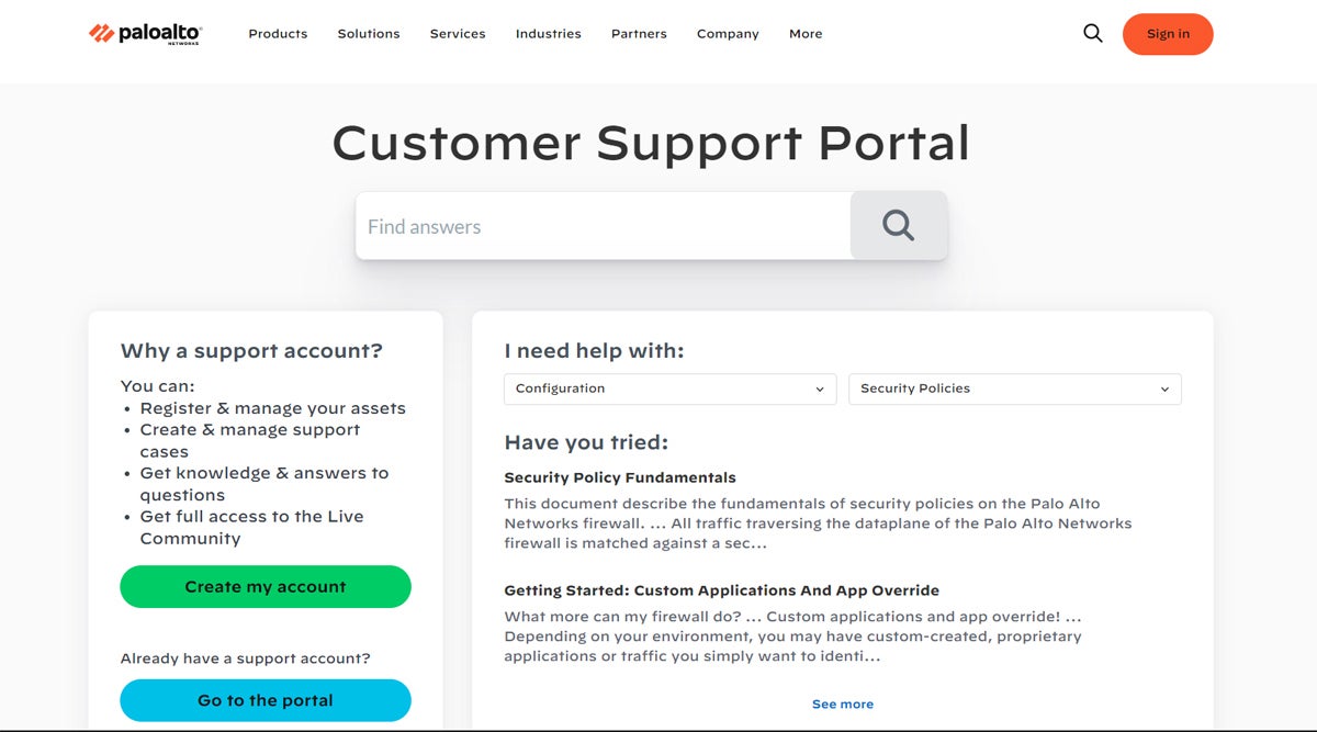 Palo Alto Networks customer support portal.