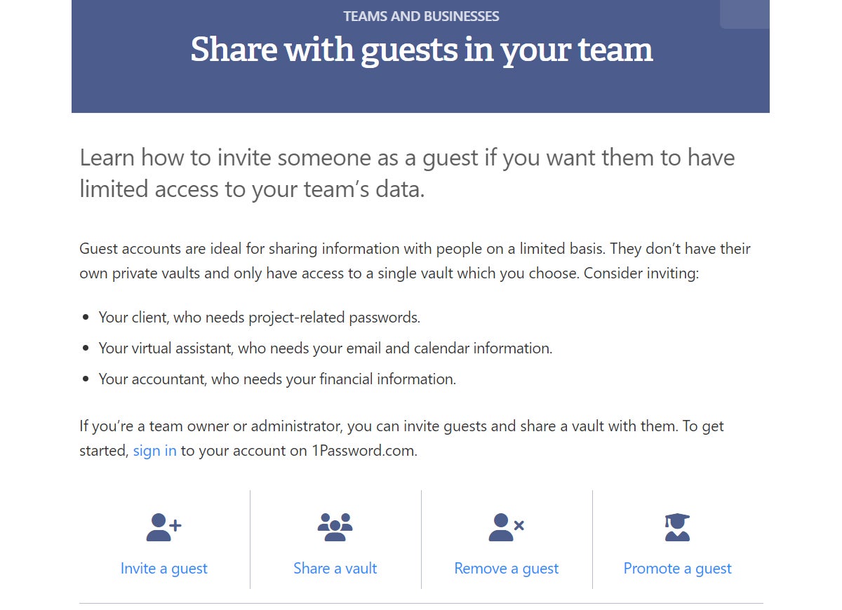 1Password guest account information and options