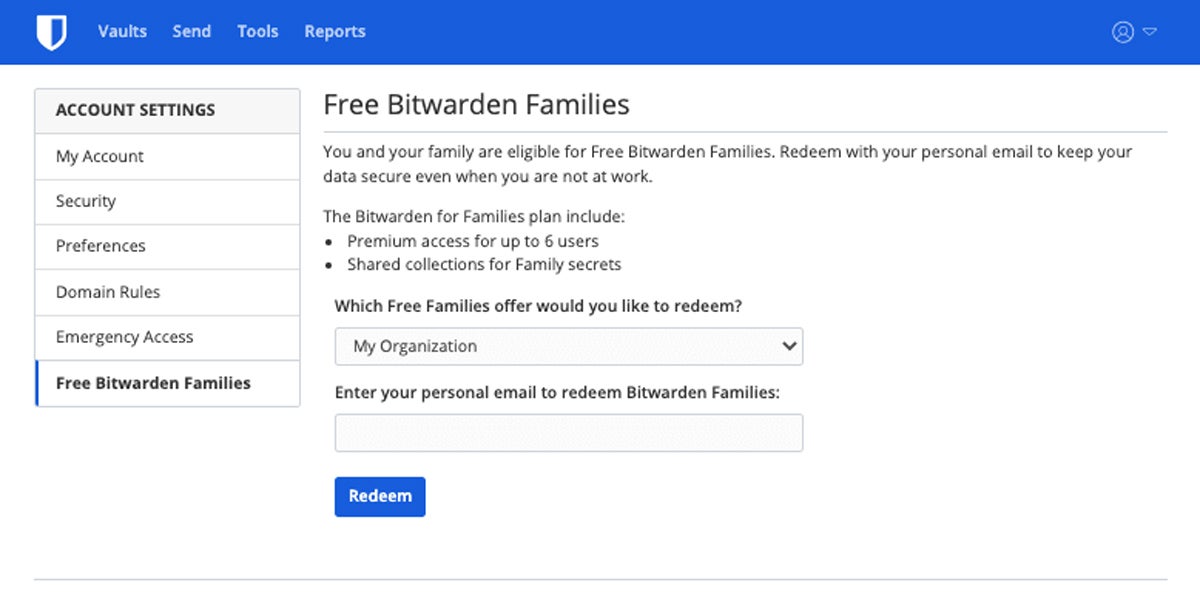 Bitwarden enterprise free family accounts offer and redemption process