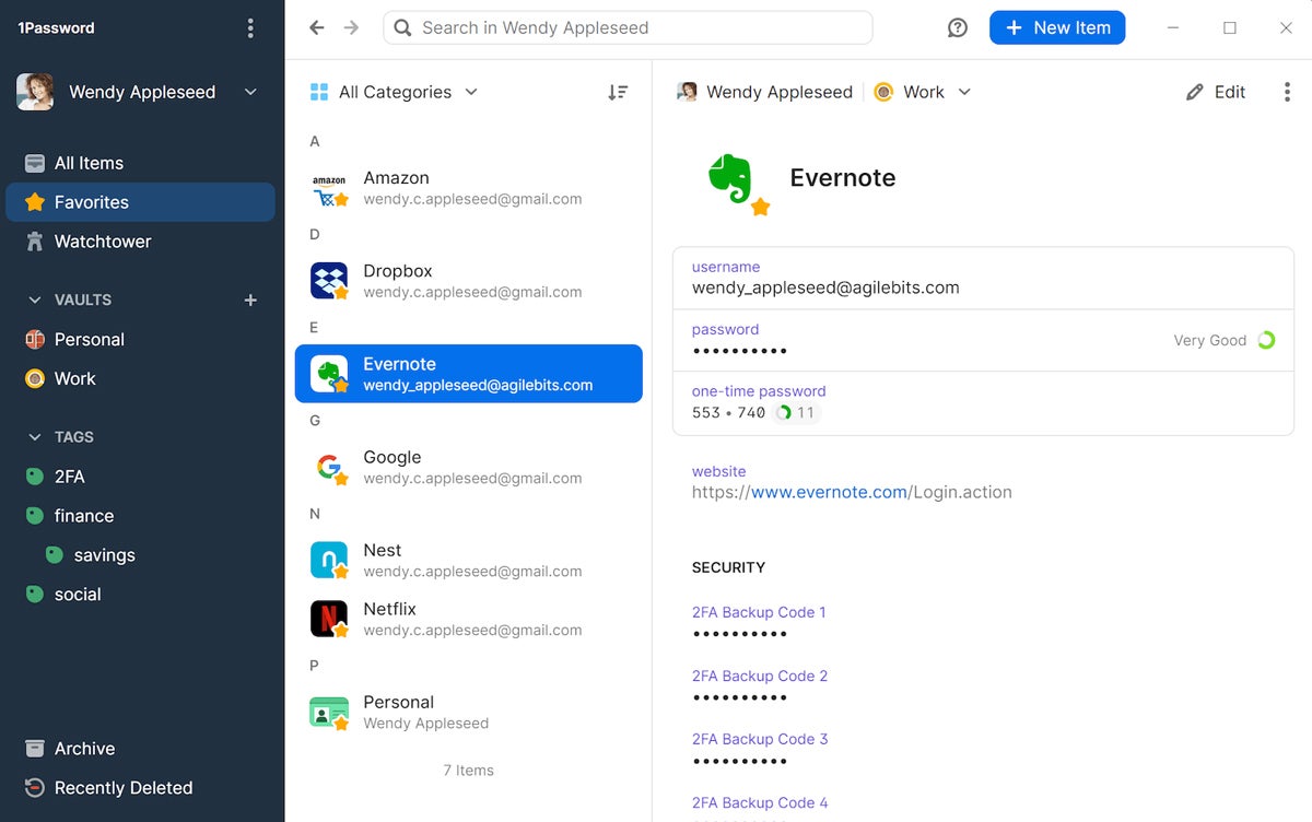 1Password site login information and options screenshot