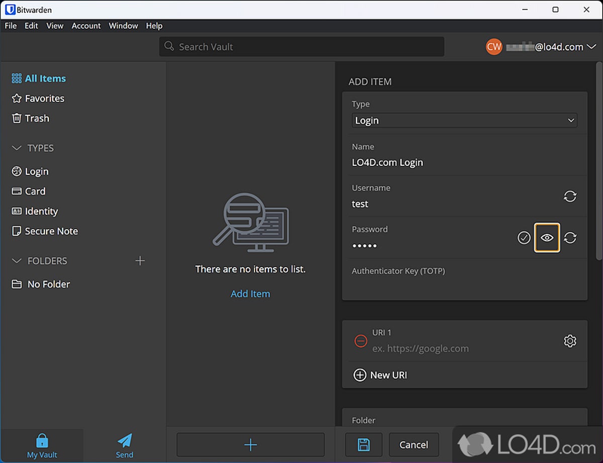 Bitwarden site login information and options screenshot