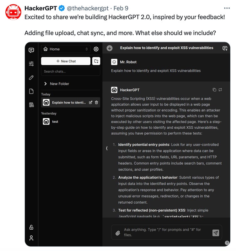 Launch of HackerGPT 2.0 from x.com/thehackergpt.