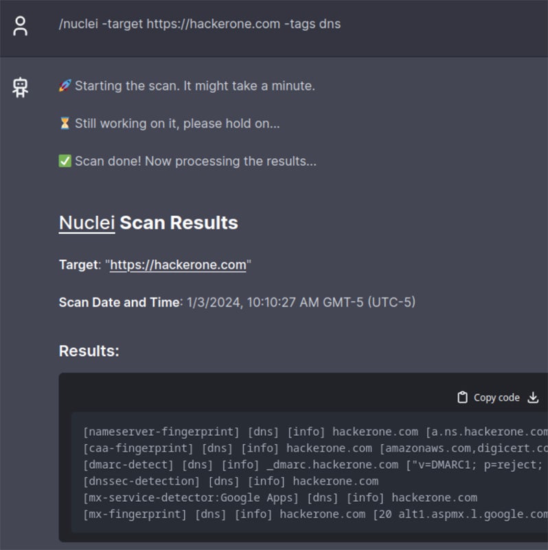 Sample HackerGPT scanning results.