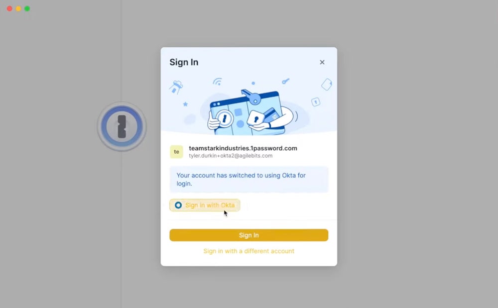 Signing in with SSO provider in 1Password.