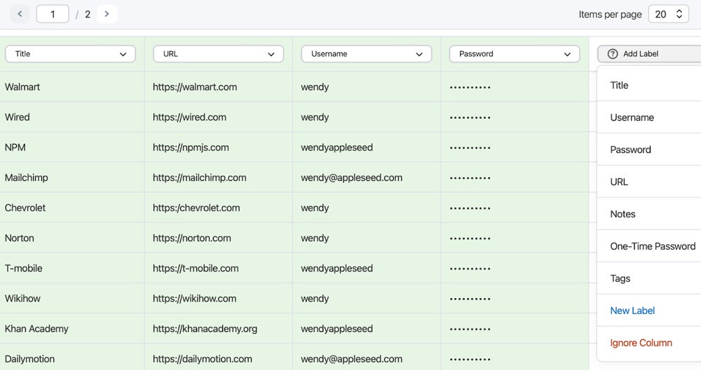 1Password list of data to import.