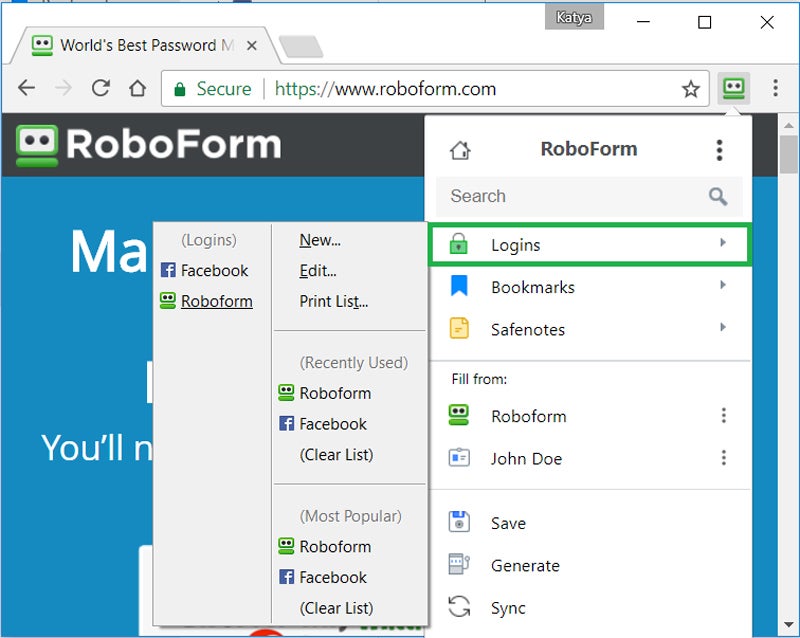 RoboForm interface.