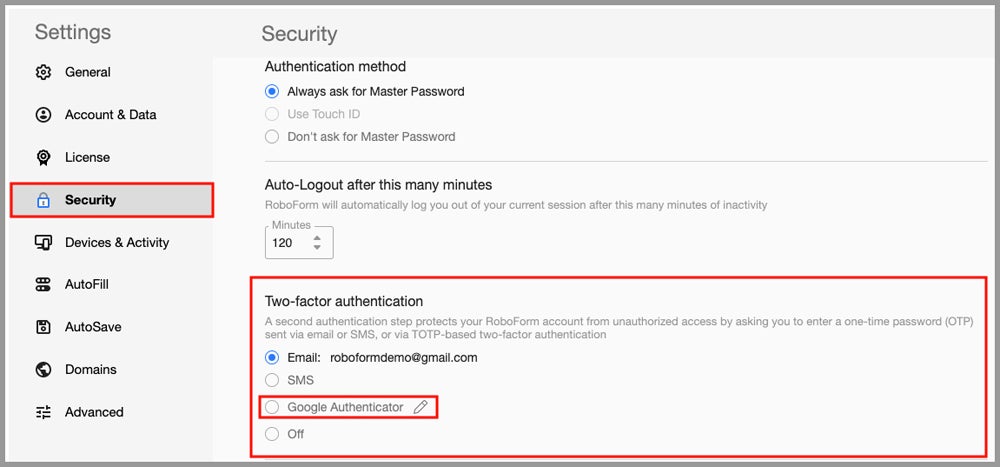 Two-factor authentication in RoboForm.