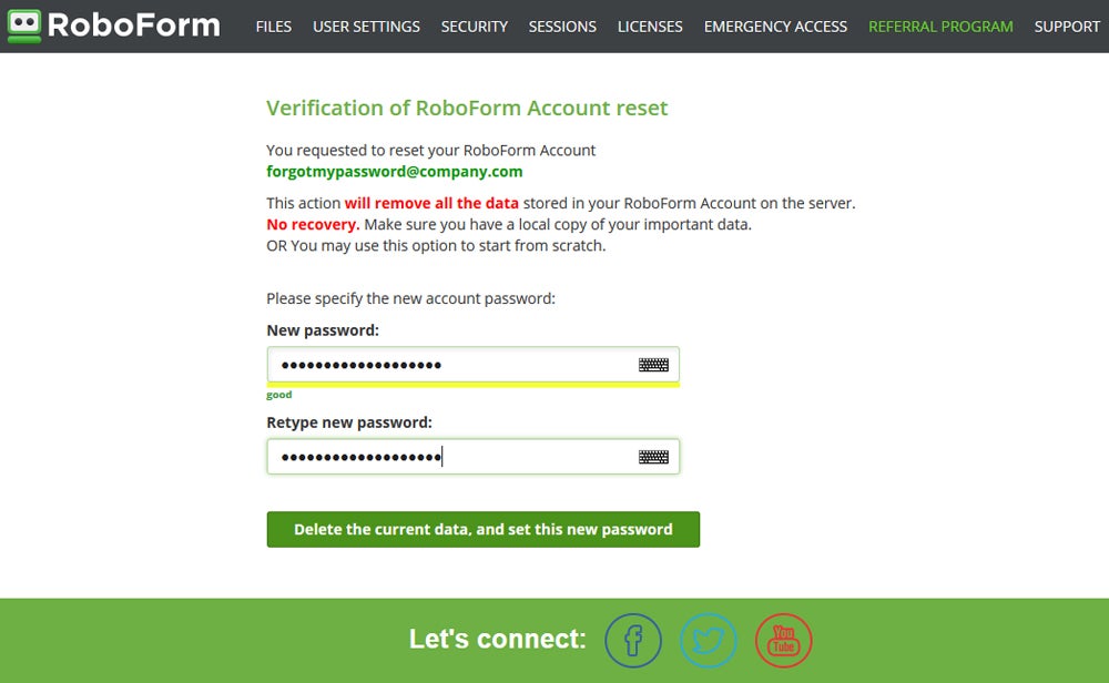Resetting RoboForm password.