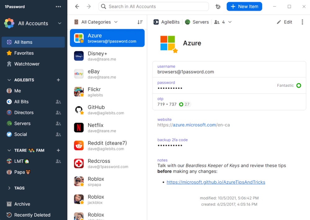 1Password interface on Windows.