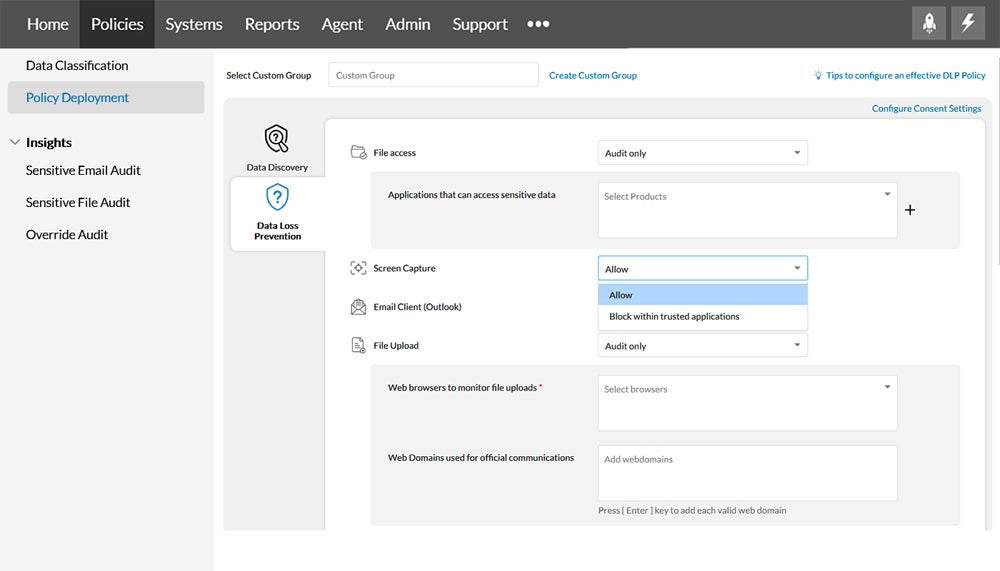 Sample DLP Policy customization and deployment from ManageEngine’s dashboard.