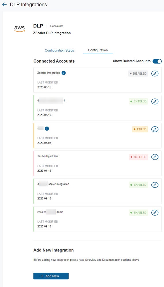 Sample application integration dashboard for connected accounts from AWS.