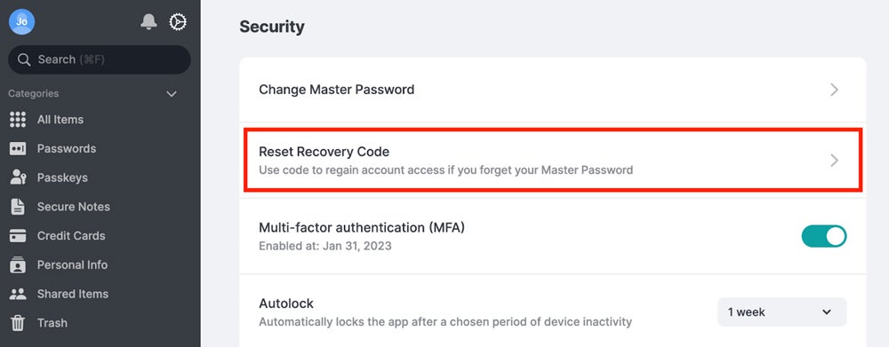 Resetting an account recovery code in NordPass.