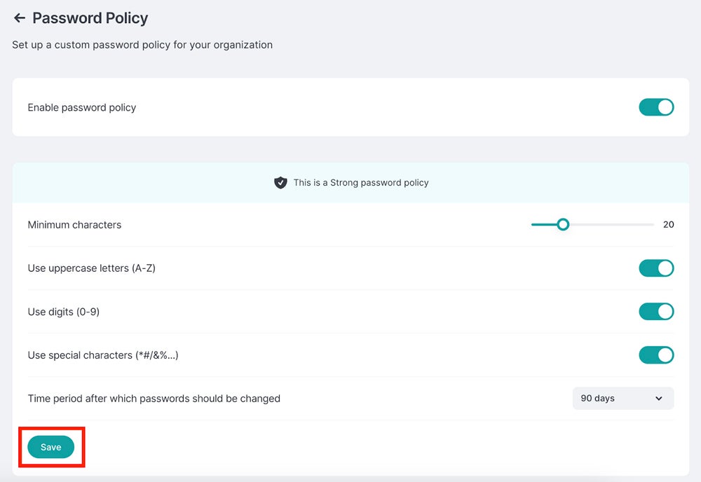 Setting password policies in NordPass.