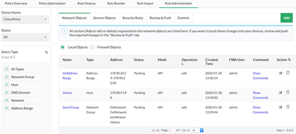 Sample firewall rule administration from ManageEngine.