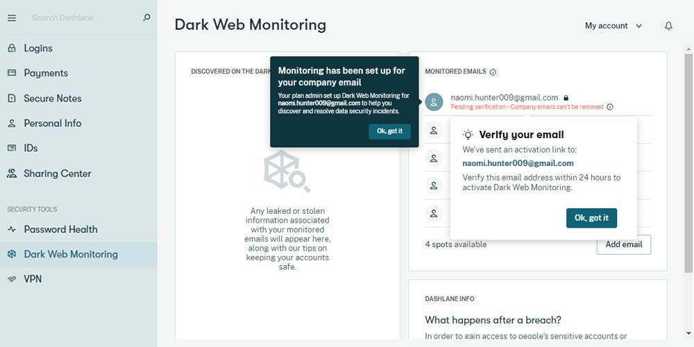 Dark web monitoring feature screenshot.
