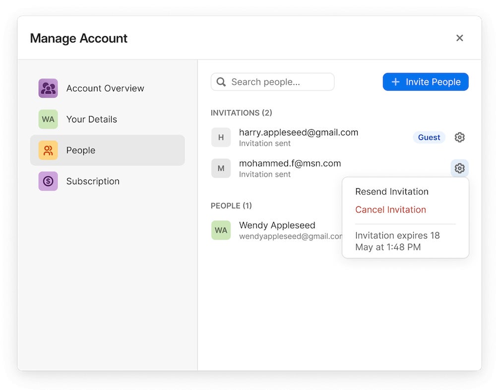 1Password account management interface.