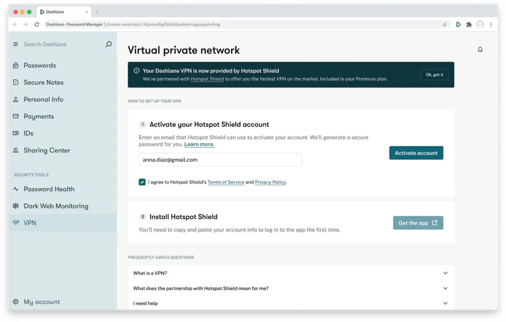 Dashlane virtual private network interface.