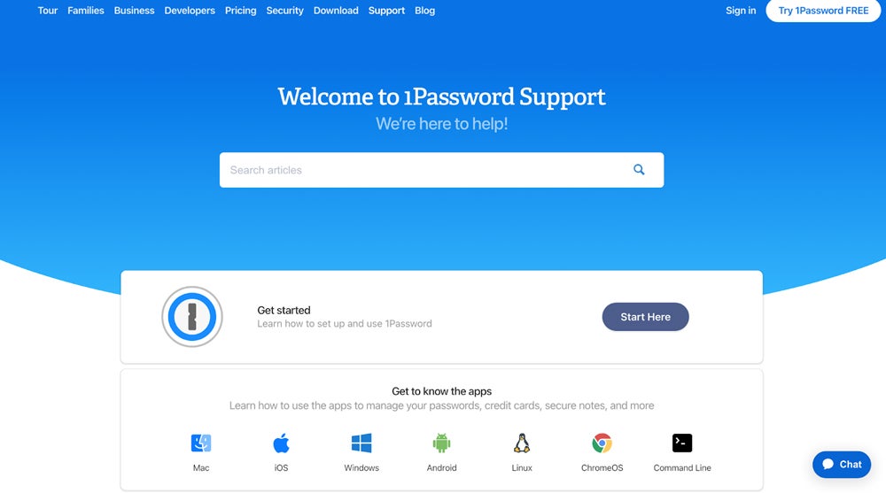 1Password customer support page.