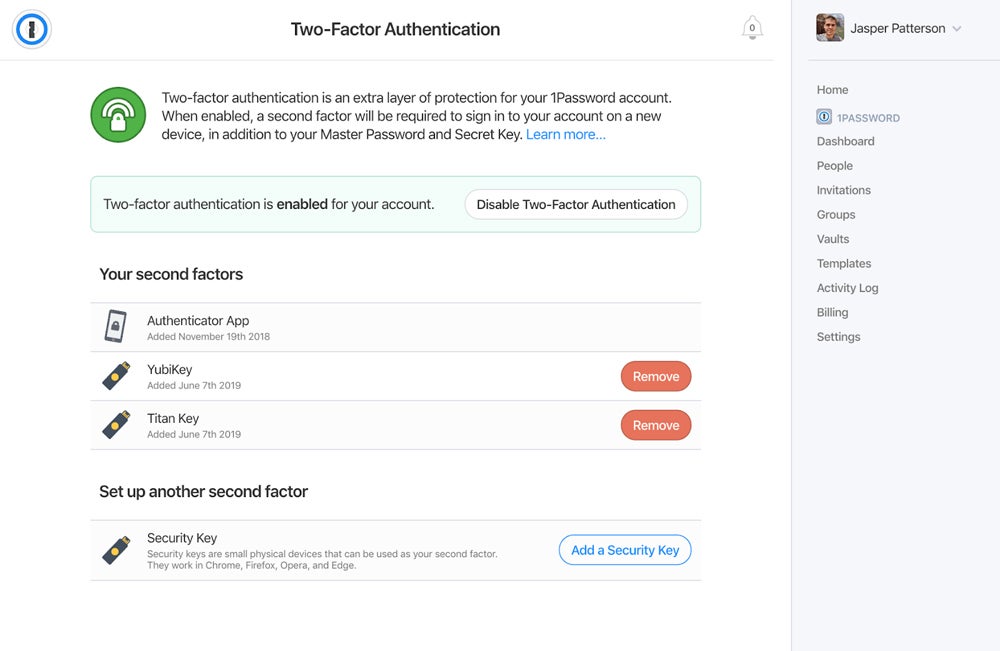 1Password Two-Factor Authentication interface.
