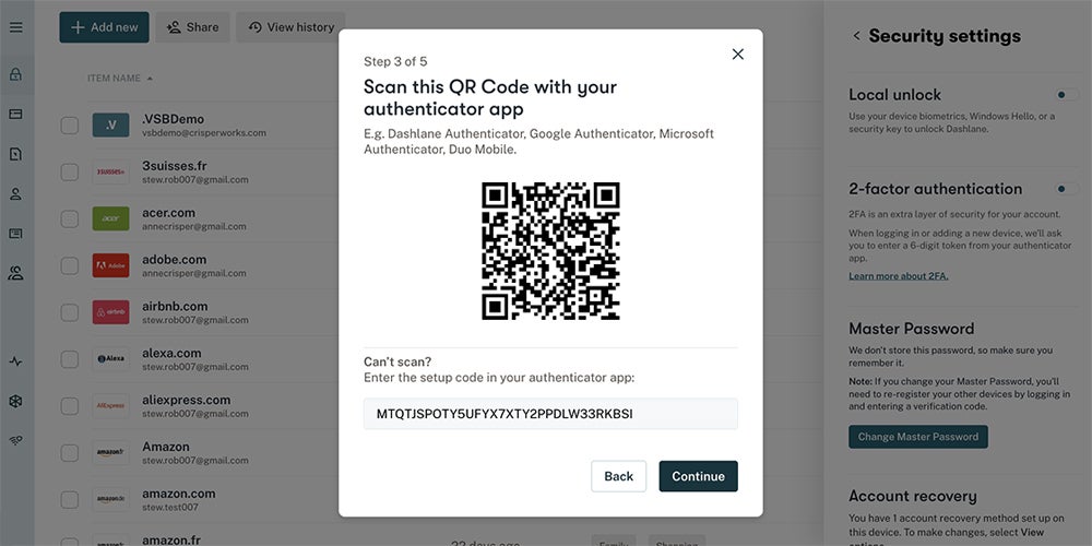 Dashlane QR code authenticator interface.