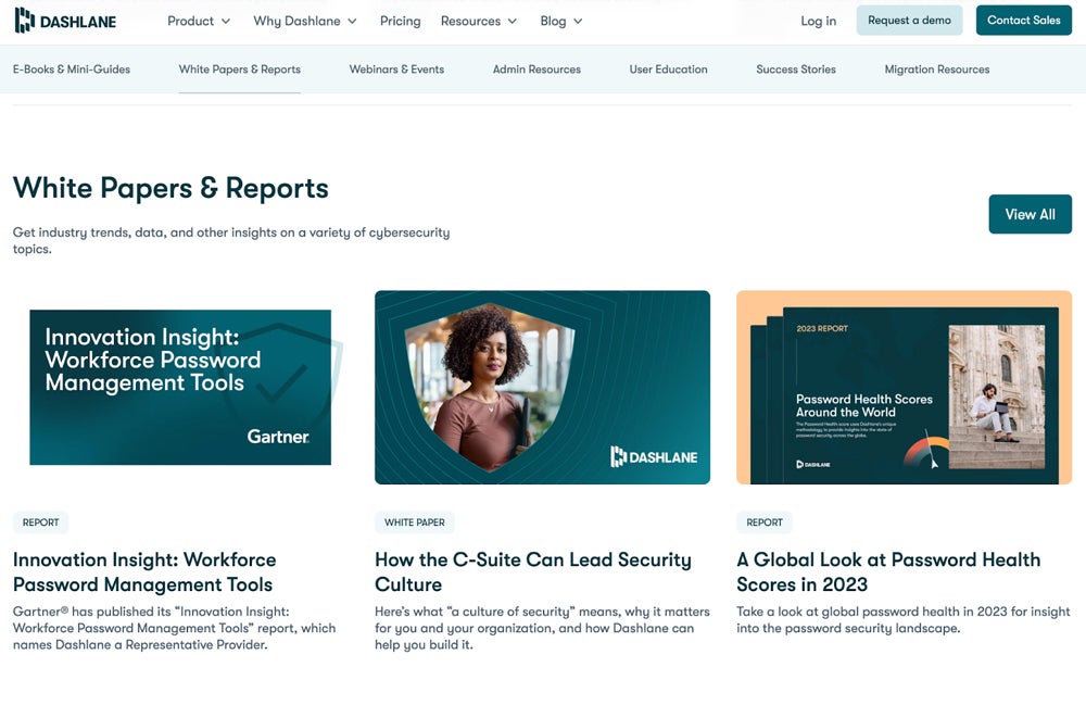 Dashlane white papers and reports interface.