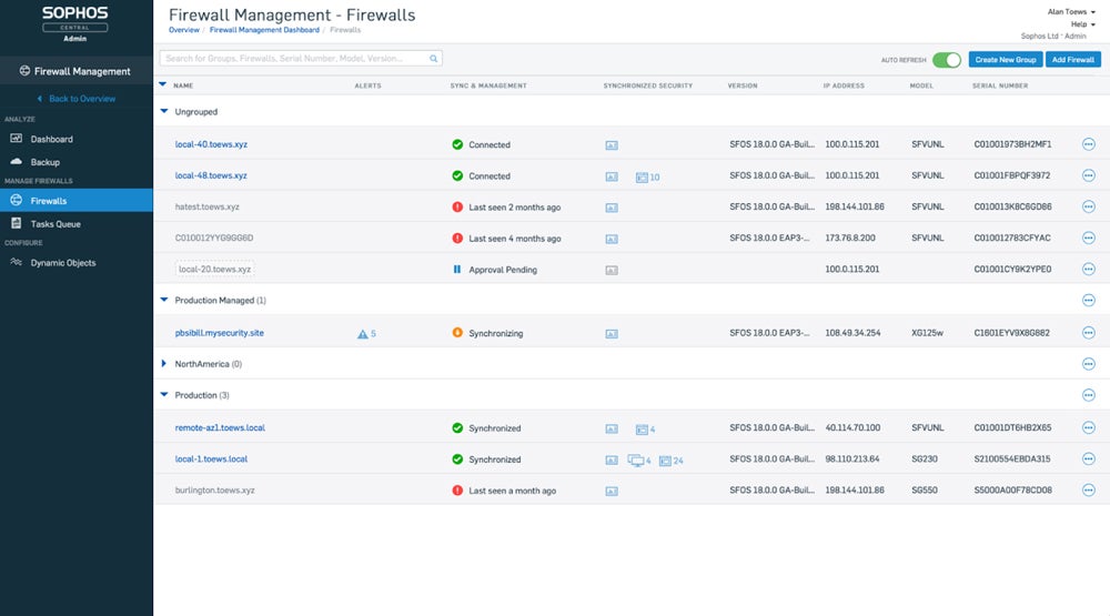 Sophos Firewall management through Sophos Central.
