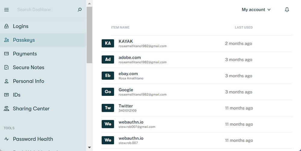 Dashlane Passkeys interface.