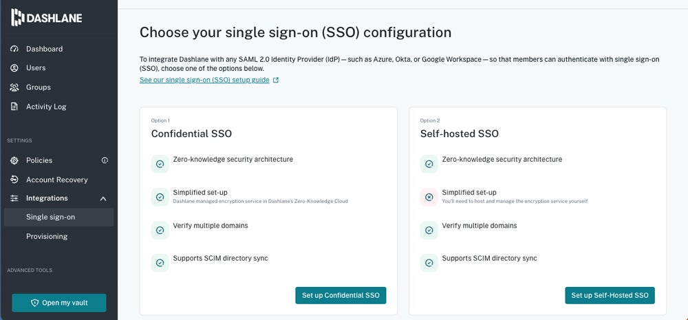 Dashlane single sign-on configuration interface.