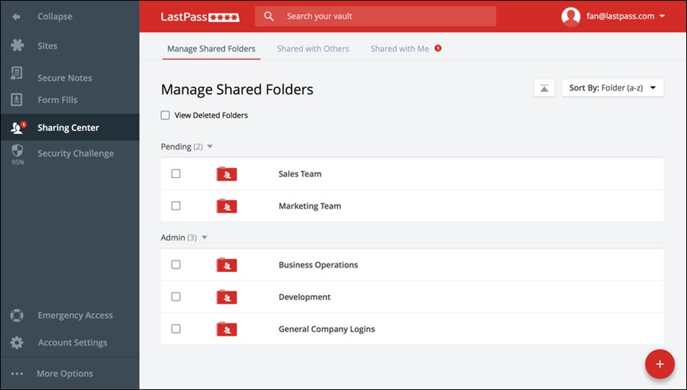 LastPass Sharing Center interface.