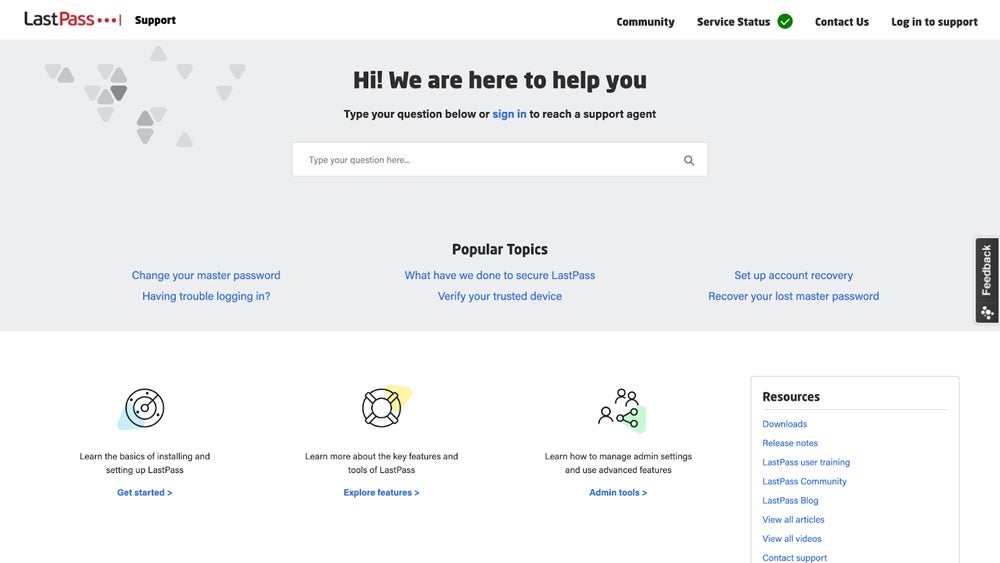 LastPass customer support page interface.