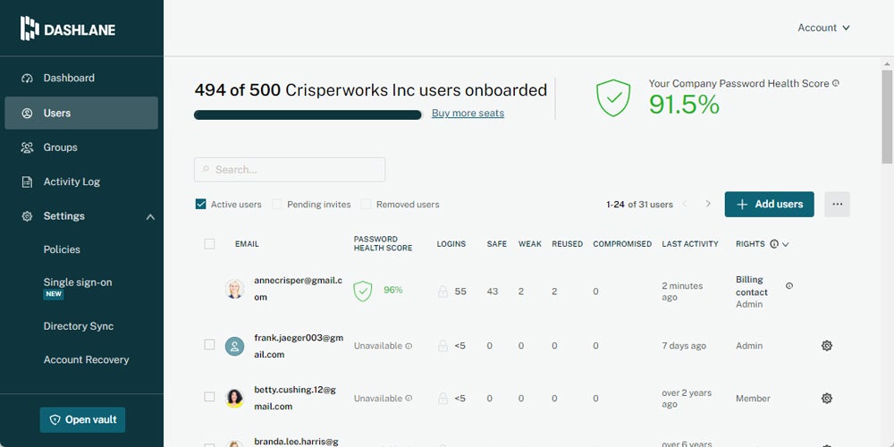 Dashlane Users list interface.