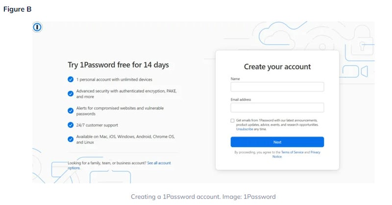 1Password account creation interface.