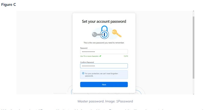 1Password account password creation interface.