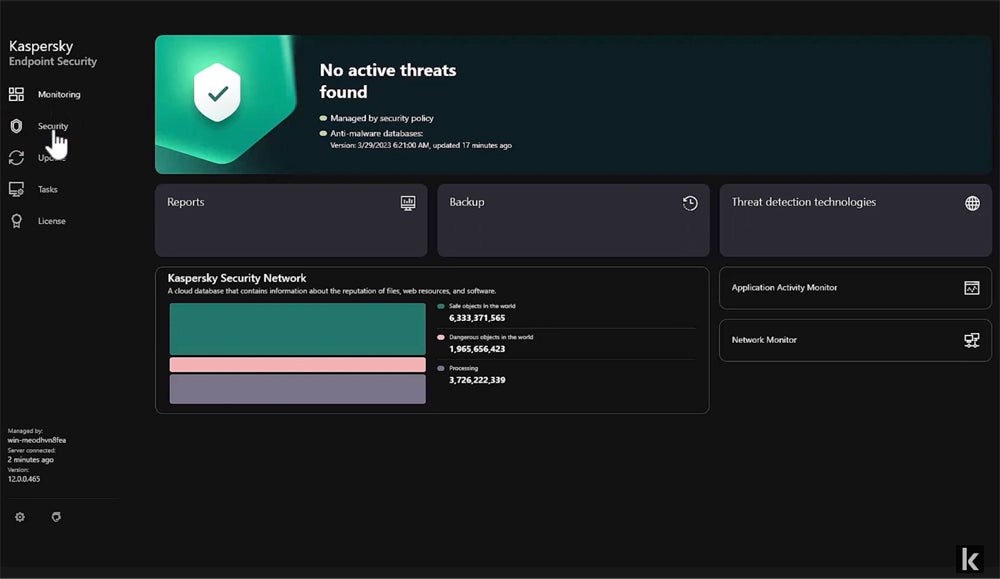 Kaspersky monitoring dashboard screenshot.