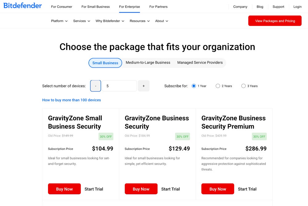 Bitdefender pricing screenshot.