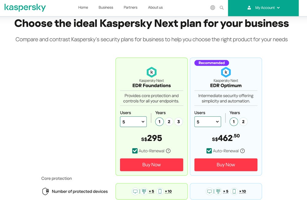Kaspersky pricing screenshot.