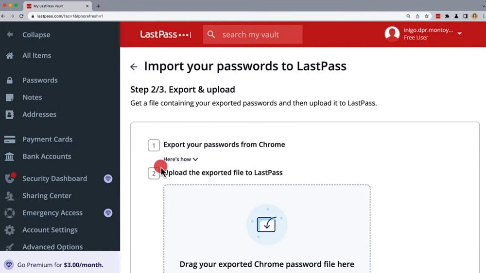 LastPass import password screenshot.