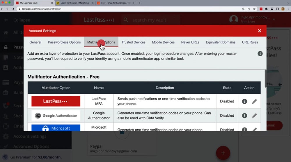 LastPass multifactor authentication settings interface.
