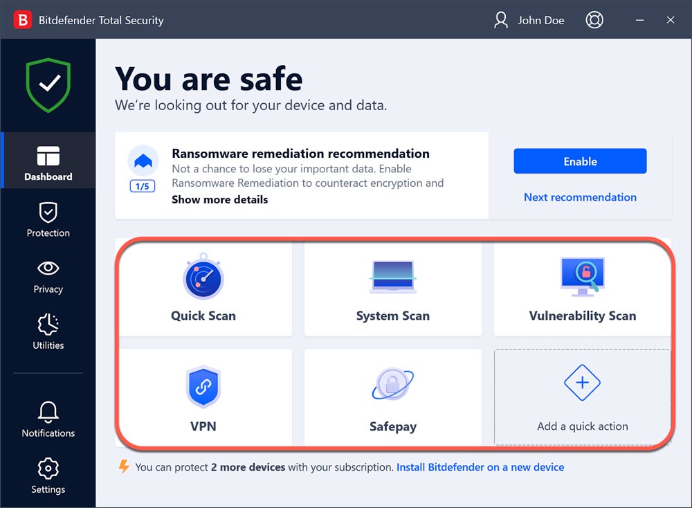 Bitdefender dashboard functions screenshot.