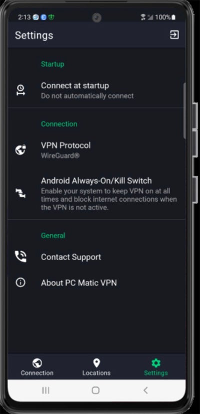 PC Matic settings interface on a smartphone.