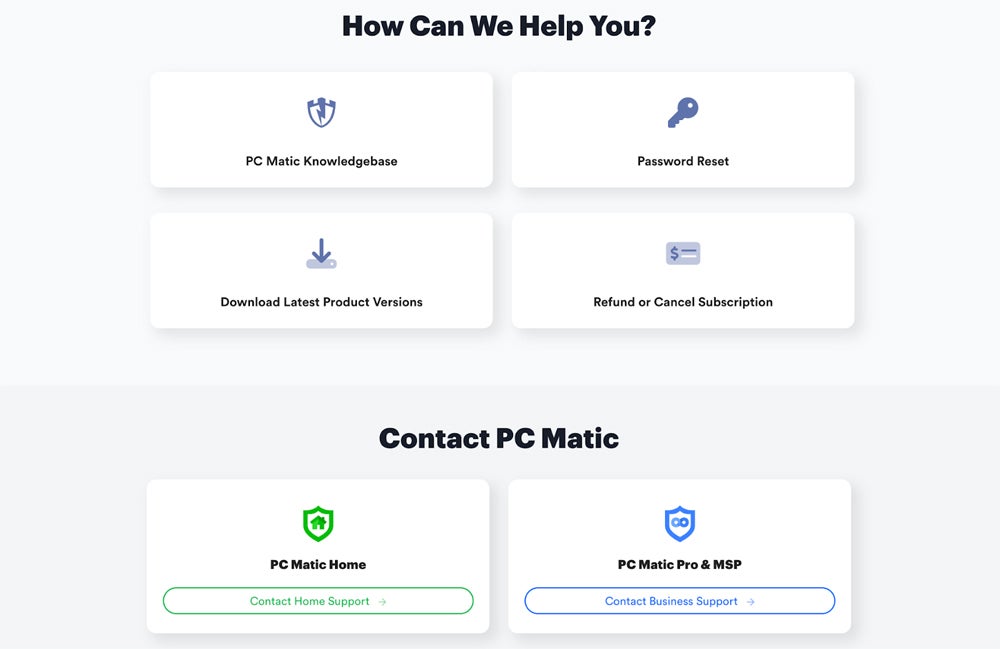 PC Matic customer support page.