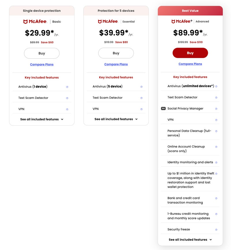 McAfee pricing plans.