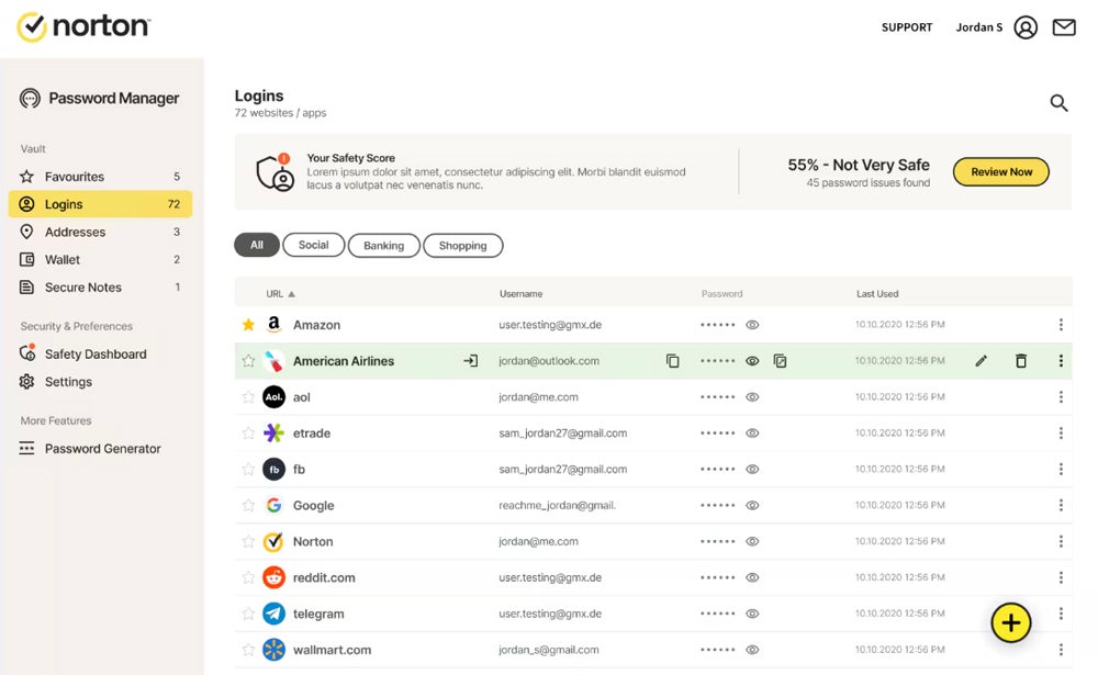 Monitoring login safety in Norton.