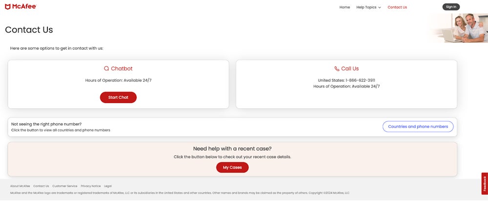 McAfee customer support options.