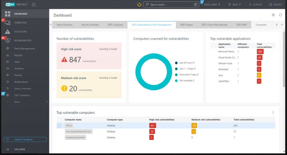 ESET's vulnerability and patch management dashboard.