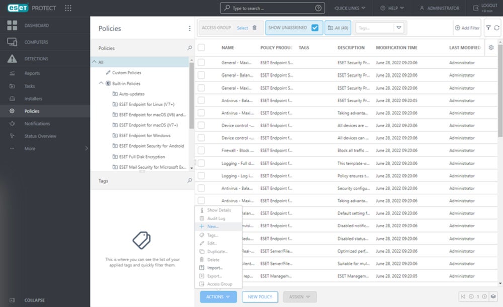 ESET Security Policies interface.