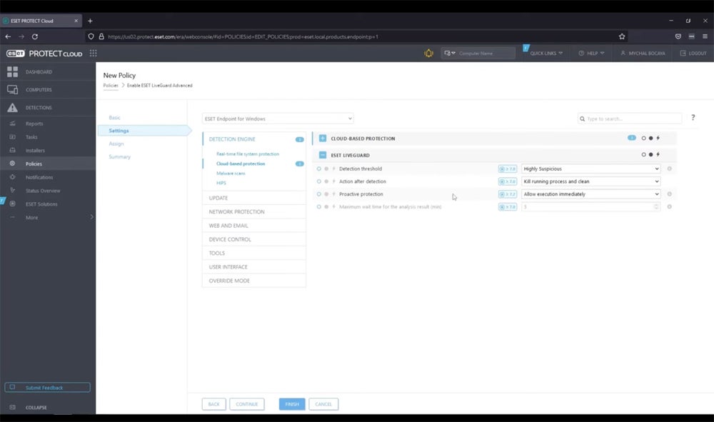 ESET LiveGuard Advanced detection settings.