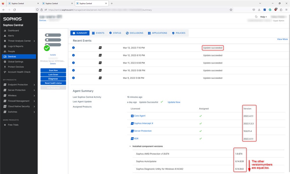 Sophos Central security management.