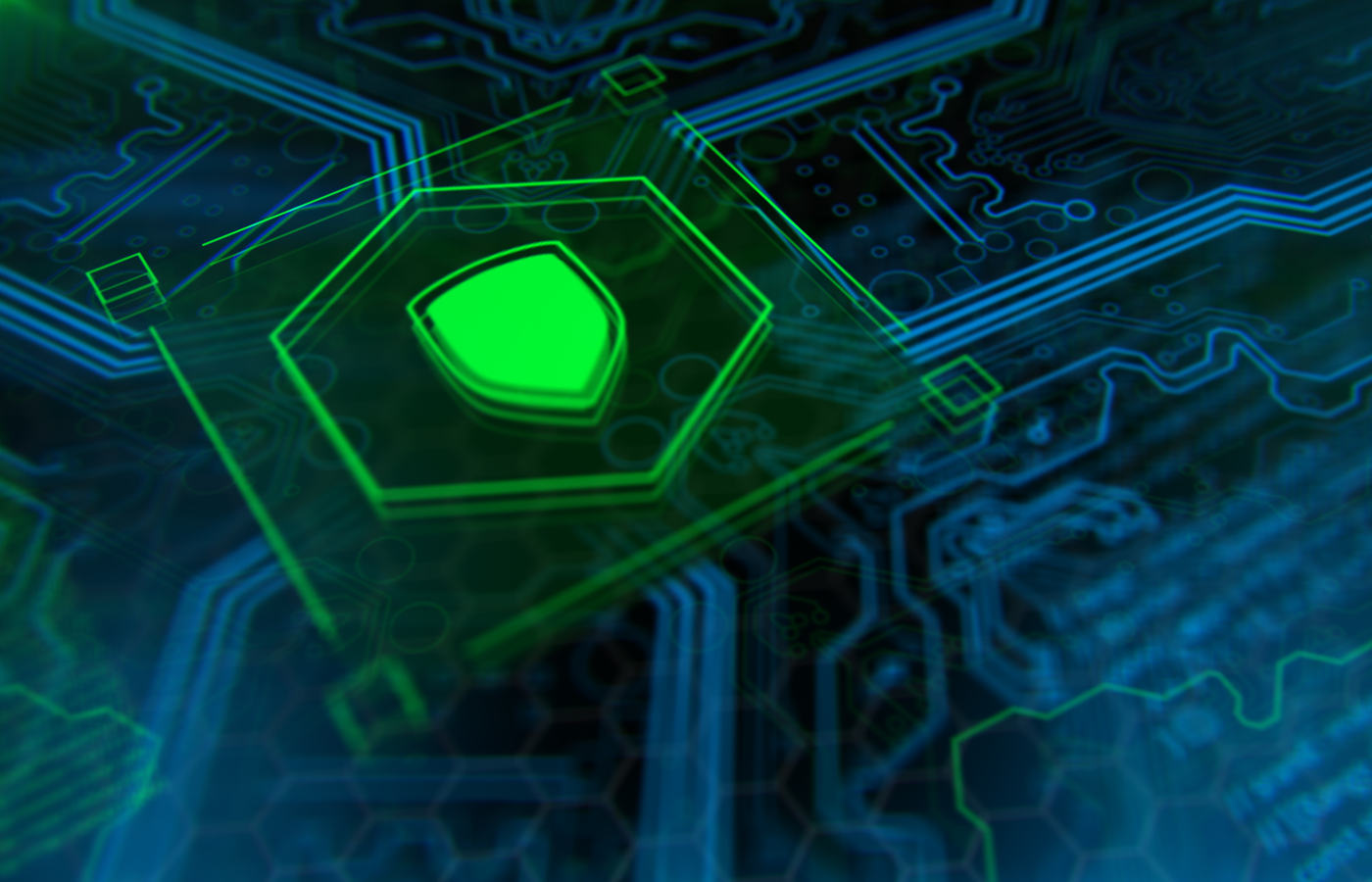Blue, cyan, green background with digital integrated network technology.
